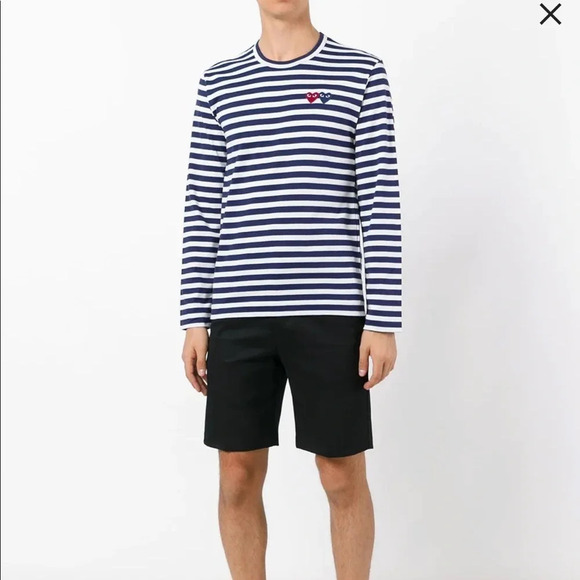 Comme Des Garcos Play  Twin Hart Stripped Long Sleeve Shirt - Picture 1 of 16